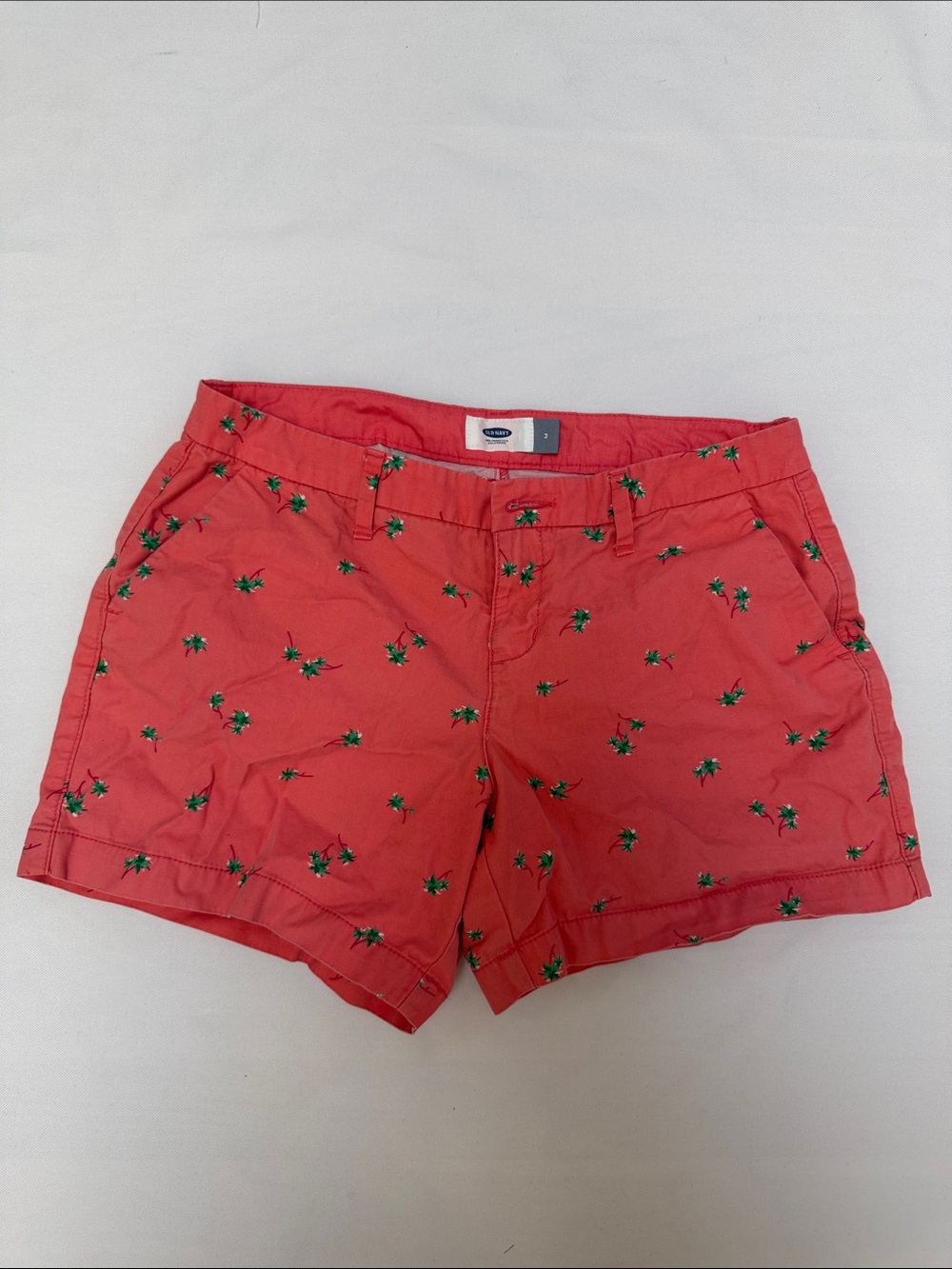 Old Navy Coral Shorts with Green Palm motifs